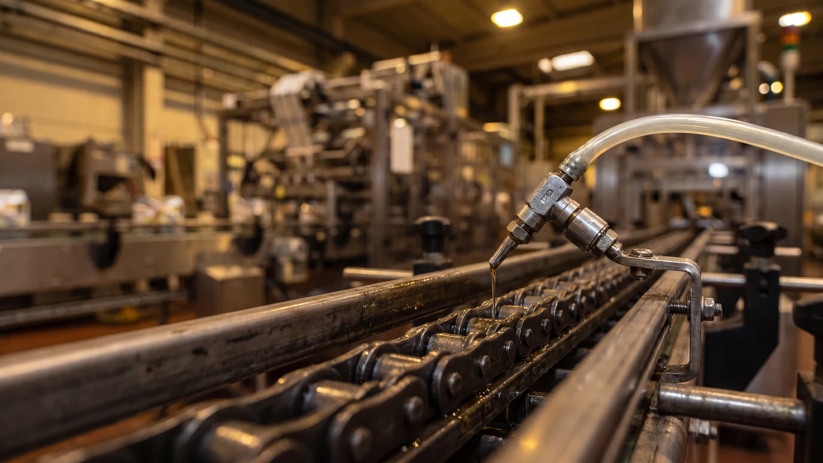 Chain lubrication on conveyors and packaging machinery